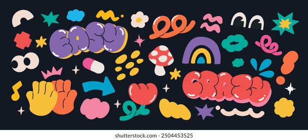Set of funky groovy element vector. Collection of cartoon characters, cute doodle dawn, sparkle, flower, cloud, mushroom. Retro hippie design for decorative, sticker, toys and kids.