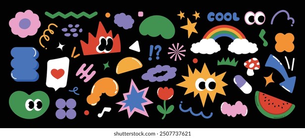 Set of funky groovy element vector. Collection of cartoon characters, cute doodle dawn, sparkle, cloud, crown, flower, rainbow, watermelon. Retro hippie design for decorative, sticker, toys and kids.