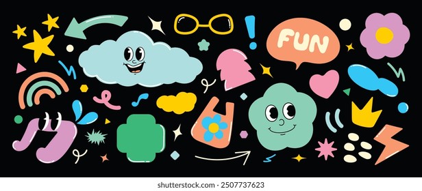 Set of funky groovy element vector. Collection of cartoon characters, cute doodle dawn, sparkle, cloud, crown, flower, thunderbolt. Retro hippie design for decorative, sticker, toys and kids.