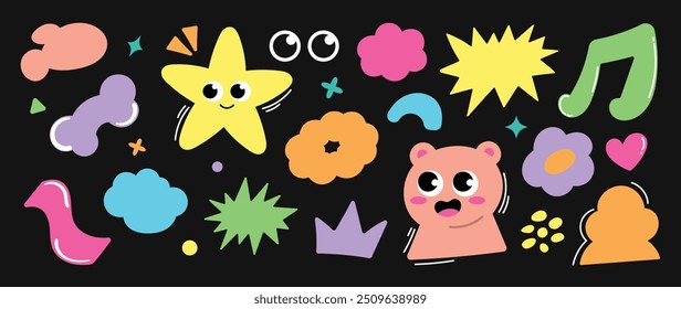 Set of funky groovy element vector. Collection of cartoon characters, cute doodle dawn, cloud, star, crown, bear, flower, melody, speech bubble. Retro hippie design for decorative, sticker, kids.