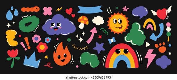 Set of funky groovy element vector. Collection of cartoon characters, cute doodle dawn, cloud, rainbow, sun, fire, heart, flower, crown. Retro hippie design for decorative, sticker, toys and kids.