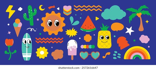 Set of funky groovy element vector. Collection summer of cartoon characters, cute doodle dawn, sparkle, cloud, sun, pineapple, watermelon, surfboard. Retro hippie design for decorative, sticker, kids.