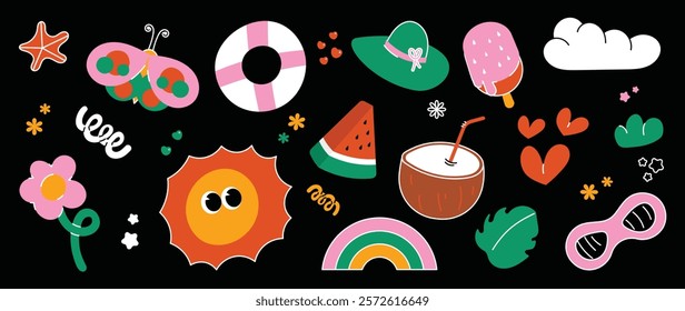 Set of funky groovy element vector. Collection summer of cartoon characters, cute doodle dawn, sun, flower, butterfly, coconut, eyeglass, cloud, ice cream. Design for decorative, sticker, kids.