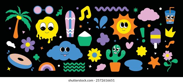 Set of funky groovy element vector. Collection summer of cartoon characters, cute doodle dawn, sparkle, cloud, sun, ice cream, coconut tree, surfboard, flower. Design for decorative, sticker, kids.