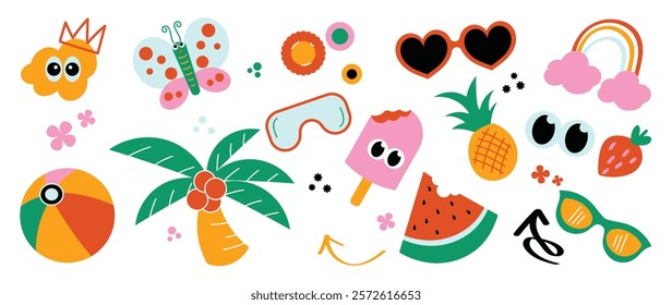 Set of funky groovy element vector. Collection summer of cartoon characters, cute doodle dawn, flower, butterfly, coconut tree, eyeglass, ice cream, pineapple. Design for decorative, sticker, kids.