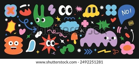 Set of funky groovy element vector. Collection of cartoon characters, cute doodle dawn, sparkle, cloud, ice cream, speech bubble, face. Retro hippie design for decorative, sticker, toys and kids.