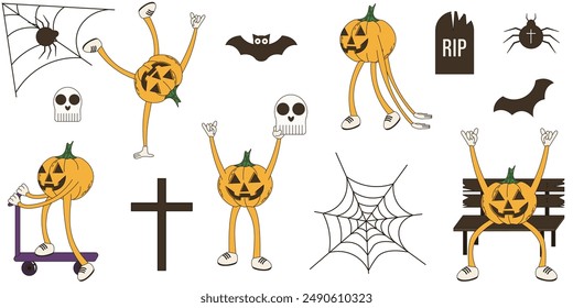 Set of funky Groovy Halloween pumpkin character isolated white. Helloween jack o lantern Mascot collection. Simple flat vector illustration ideal for postcard design, holiday icon sticker