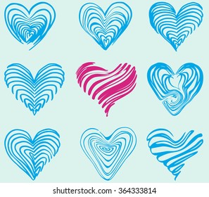 set of funky hand drawn hearts,  vector