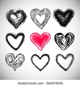 set of funky hand drawn hearts,  vector