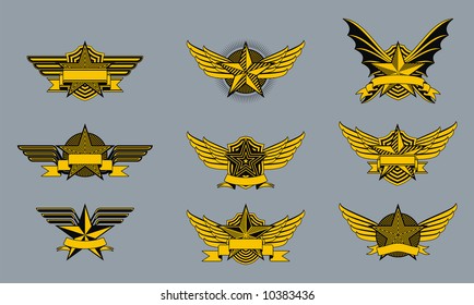 A set of funky little military style badges or emblems.