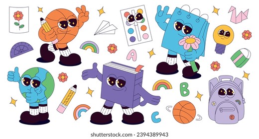 Set of funky retro groovy characters basketball ball, note, book, earth planet, backpack, stickers. Back to school. Children's stationery subjects. Funny study school supplies. Nostalgia 60s, 70s, 80s