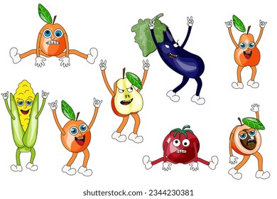 Set of Funky summer Fruit with face. Cartoon groovy collection with fruits and vegetables isolated white background. Funny pear, tomatoes, apricot. Vector illustration in trendy style.