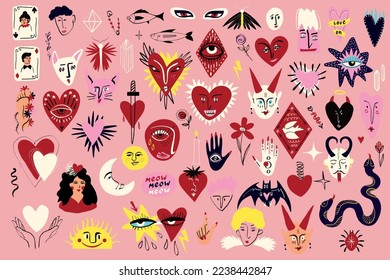 Eine Reihe von funky hässlichen Illustrationen für den Valentinstag. Moderne Vektorgrafik im Doodstil