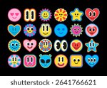 Set of funky Y2K emoji characters in retro groovy 90s style. Smiley faces, hearts, aliens, stars. Acid bright doodle sticker pack. Cute retro smiley face icons. Psychedelic Y2K face icons and smiley c