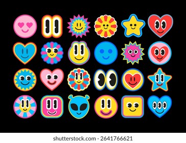 Set of funky Y2K emoji characters in retro groovy 90s style. Smiley faces, hearts, aliens, stars. Acid bright doodle sticker pack. Cute retro smiley face icons. Psychedelic Y2K face icons and smiley c