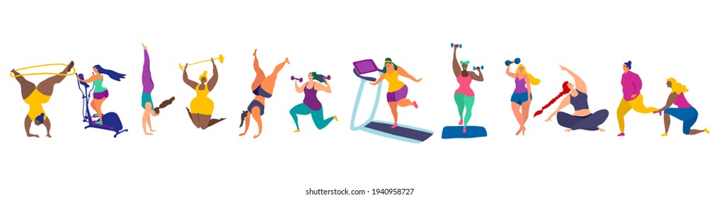 Set of funky young women in gym.Sport activities, exercises and yoga. Female characters vector illustration.Fitness workout, with training apparatus.Healthy lifestyle.Horizontal banner 