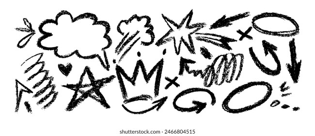 Set of funl childish line doodles. Brush drawn hearts, eyes, diamonds, crown, flowers, arrows and squiggles. Sketch style hand drawn icons for collages, decoration, ads, prints, branding.