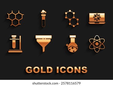 Set Funnel or filter, Bacteria on laptop, Atom, Test tube and flask chemical, stand, Molecule, Chemical formula and  icon. Vector