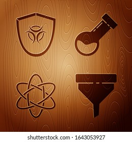 Set Funnel or filter, Biohazard symbol on shield, Atom and Test tube and flask chemical on wooden background. Vector