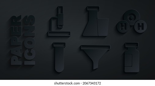 Set Funnel or filter, Chemical formula for H2O, Test tube and flask,  and Microscope icon. Vector