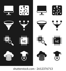Set Funnel or filter, Computer monitor, Neural network, Processor CPU, Graduation cap and Cloud database icon. Vector