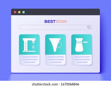 Set Funnel oder Filter, Elektrischer Mixer und Kaffeetrinksymbol. Vektorillustration