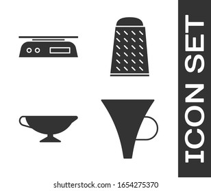 Set Funnel or filter, Electronic scales, Sauce boat and Grater icon. Vector