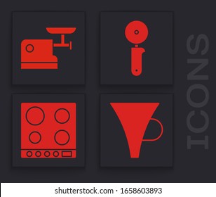 Set Funnel or filter, Kitchen meat grinder, Pizza knife and Gas stove icon. Vector
