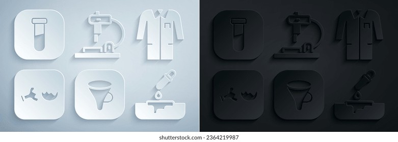 Set Funnel or filter, Laboratory uniform, Broken flask, Petri dish with pipette, Microscope and Test tube and icon. Vector
