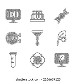 Set Funnel oder Filter, Molecule, Lage mit Blättern, Blätter aus Leaf, Reagenzglas und Kolben, Bio gesunde Lebensmittel, DNA-Symbol und Symbol. Vektorgrafik