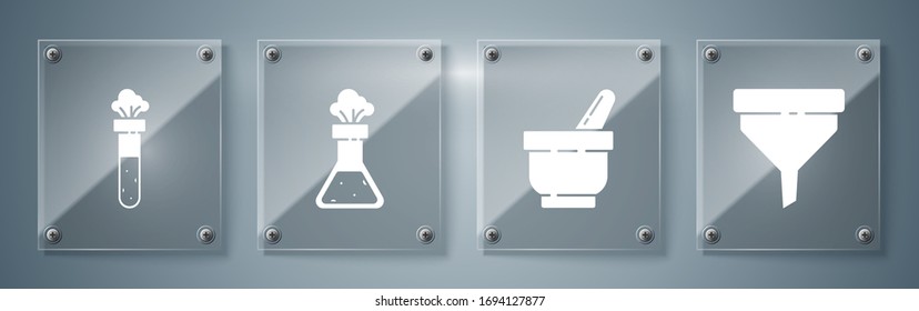 Fijar el embudo o filtro, Mortero y almirez, Tubo de ensayo y sustancia química del matraz y tubo de ensayo. Paneles de vidrio cuadrado. Vector