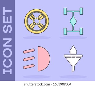 Set Funnel or filter and motor oil drop, Car wheel, High beam and Chassis car icon. Vector