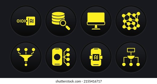 Set Funnel or filter, Neural network, Artificial intelligence AI, Computer monitor, Server, Algorithm and Binary code icon. Vector