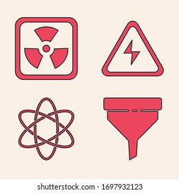 Set Funnel or filter, Radioactive, High voltage sign and Atom icon. Vector