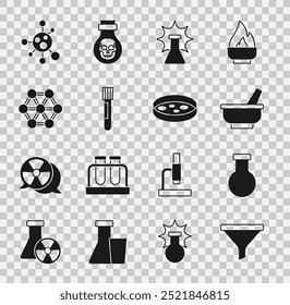 Embudo o Filtrar, tubo de ensayo y matraz, mortero, explosión química, molécula y placa de Petri con el ícono de bacterias. Vector