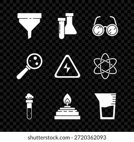 Set Funnel or filter, Test tube and flask chemical, Laboratory glasses, Alcohol spirit burner, glassware beaker, Microorganisms under magnifier and High voltage sign icon. Vector