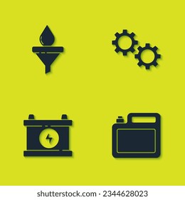 Set Funnel and oil drop, Canister for motor, Car battery and Gear icon. Vector