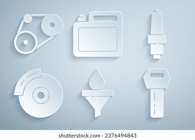 Set Funnel and oil drop, Car spark plug, brake disk with caliper, key remote, Canister for motor and Timing belt kit icon. Vector