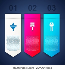 Set Funnel and oil drop, Engine piston and Car key with remote. Business infographic template. Vector