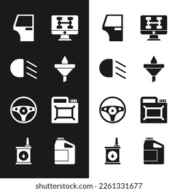 Ajuste el embudo y el aceite, el haz de carretera, la puerta del coche, el estado de diagnóstico del coche, el volante de la dirección, el cartucho para el motor y el icono. Vector