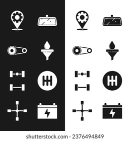 Set Funnel and oil drop, Timing belt kit, Car service, mirror, Chassis car, Gear shifter, battery and Wheel wrench icon. Vector