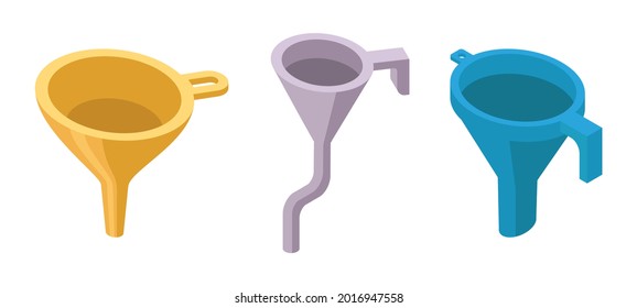 Set of funnels - isometric hand drawn vector illustration isolated on white. Flat color design.