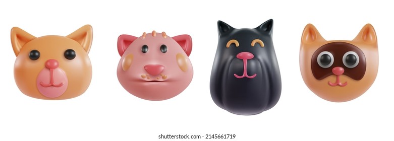 Conjunto de la cabeza del gato de dibujos animados divertidos en 3d aislado en fondo blanco. Carácter animal lindo y realista. Una mascota decorativa de estilo kawaii. Juguete suave de plástico o arcilla. Colección moderna de ilustración vectorial.