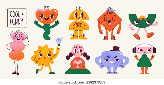 Set of funny abstract characters. Cute geometric shapes or creatures with faces expressing different emotions and feelings. Retro stickers in groovy style. Cartoon flat vector isolated collection