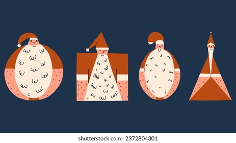 Set of funny abstract Santa Clauses of different shapes. Vector illustration in hand drawing style