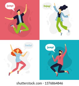 Set of funny abstracts jumping people. Flat design. Different women and men in cartoon style. Vector illustration. Can be used for banner, postcard, websites or ads.
