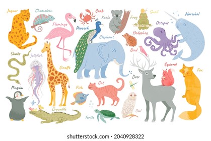Set of funny adorable animals. Exotic jungle and savanna animals, reptiles and birds. Childish characters. Forest inhabitants. Vector illustration in flat cartoon style, isolated on white background.