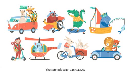 Set of funny adorable animals in various types of transport - driving car, fishing in sailboat, riding bicycle, skateboarding, flying on plane or helicopter. Colorful childish vector illustration.