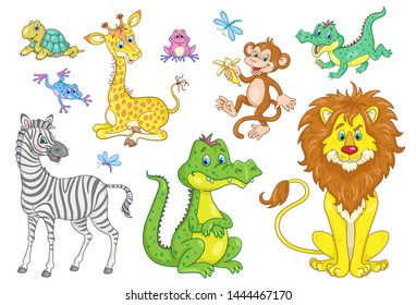 Set of funny african animals. In cartoon style. Isolated on white background. Vector illustration.