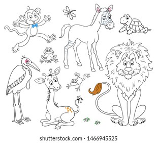 Set of funny african animals in cartoon style. Black and white picture with color accents. Isolated on white background. For coloring.